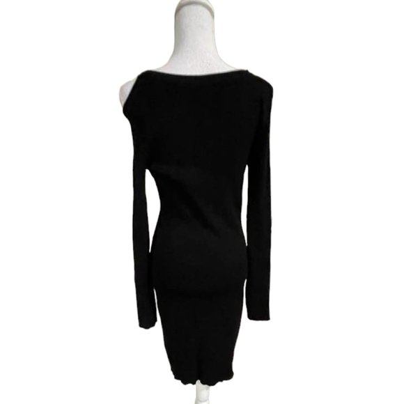 Cold Shoulder Long Sleeves Ribbed Sweater Midi Bodycon Dress - Black - XL - Picture 2 of 14